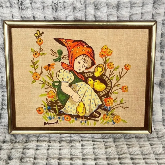 National Paragon Corp Other - Crewel Embroidery Folk Needlepoint Wall Art Cottage Fairytale Handmade 1975